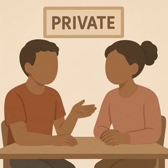 2 soft color brown skinned cartoon like faceless figures one male and one female that are sitting at a table talking with a sign that says Private in