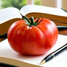 Large red tomato on a table near a book and a pen-1