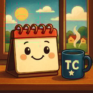 an animated calendar with kind eyes and a happy sweet smile on its face Put the calendar standing on a desk and put the desk in front of a window with-3