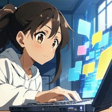 student using a laptop looking at speech bubbles on the laptop screen as in a digital thread-1