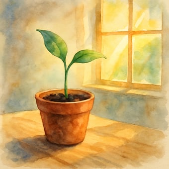 watercolor plant sprouting in a pot on a desk with sunlight streaming through the window-1