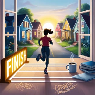 A student confidently walking toward a lighted finish line, symbolizing success and endurance._A backdrop of books, a laptop, and hot coffee looking out of a window at a rural, American neighborhood of small